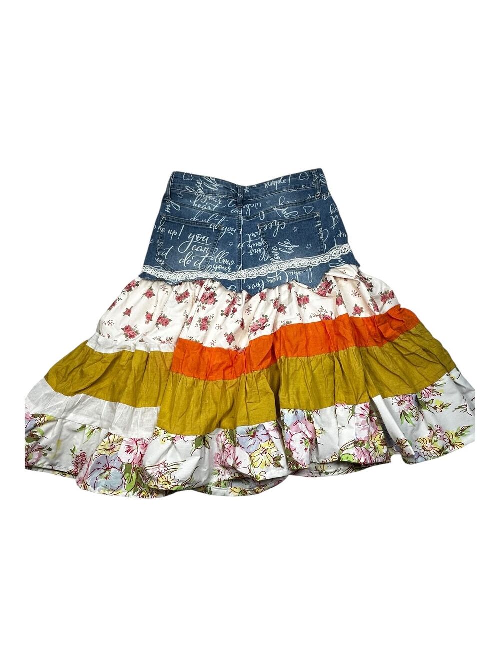 High Rise Size 10 Upcycled Denim Floral Tiered Boho Maxi Skirt Lace OOAK - Picture 4 of 10